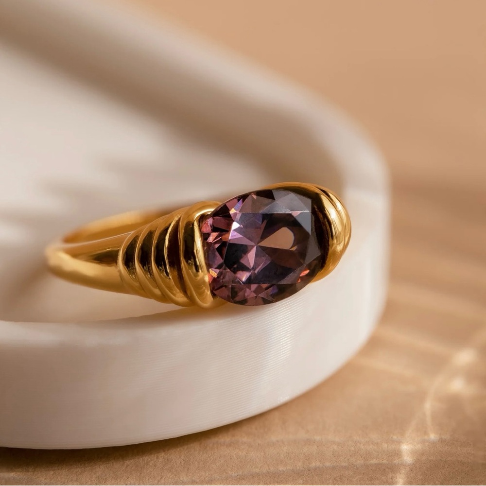 Caitlyn Minimalist Dark Amethyst Signet Ring, Size 6